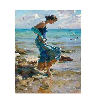 AA432 Art Decor People Oil Painting Girl On The Beach Hand-painted Unframed 36  • £45.44
