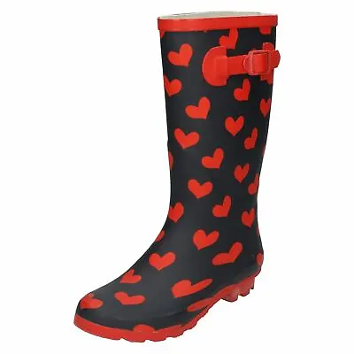 Ladies Spot On Heart Print Slip On Synthetic Wellington Boots X1R210 • £19.99