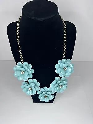 J Crew Turquoise Flower Vintage Statement Necklace Clear Rhinestone Gold Tone  • $19.99