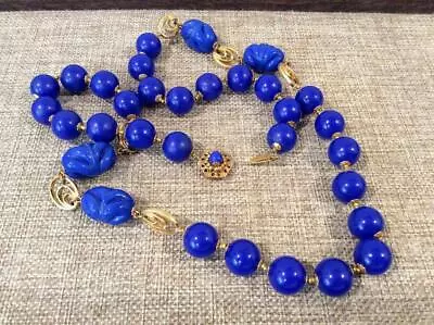 Vintage Signed Miriam Haskell Blue Bead Goldtone Links Necklace - Molded Glass • $51
