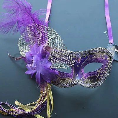 Purple Venetian Masquerade Mask W/Ostrich Feathers Party Prom Mardi Gras Costume • $6.99