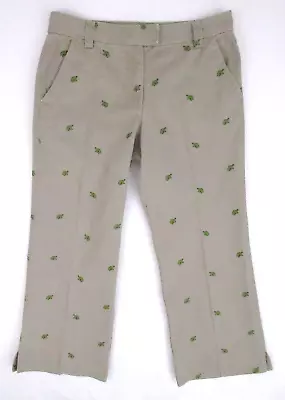 J. Crew Cropped Chinos Pant Embroidered Turtles Khaki Size 6 Made In Hong Kong • $21.50