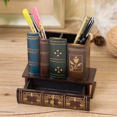 Retro Wood Pen Holder Book Shaped Desk Organizer For Stationery Office Decor • $22.77