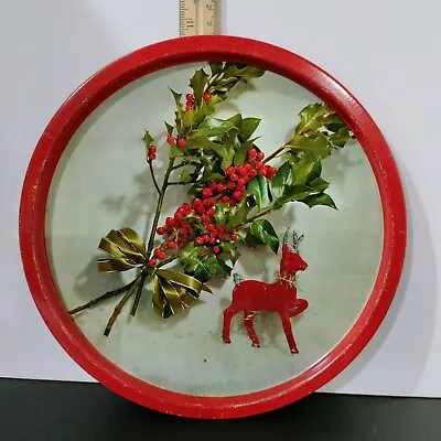 Vintage Red Flocked Reindeer Holly Metal Tin Tray Christmas 10.5  • $9.99