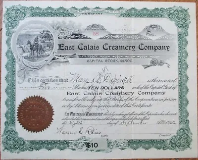 East Calais Creamery 1902 Stock Certificate Vermont VT Dairy Cow Vignette • $35