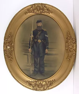 1860 Civil War Soldier Large Crayon Portrait Photo Of Armed Union Soldier  • $52