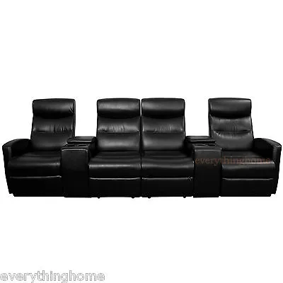 Black Leather-Soft 4-Seat Home Theater Recliners Love Seat Storage Drink Console • $2259.96