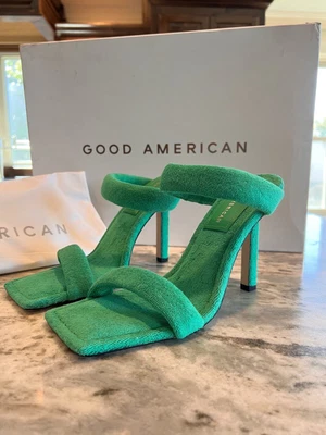 Good American Green Terry Cloth Square Toe High Heel Sz 7.5 3 1/2  Heel SRP $189 • £65.68