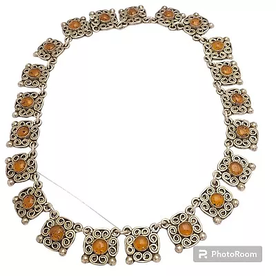 85grRARE Vintage Arenas Taxco MEXICO STERLING SILVER Amber Choker NECKLACE 16 ½ • £374.65