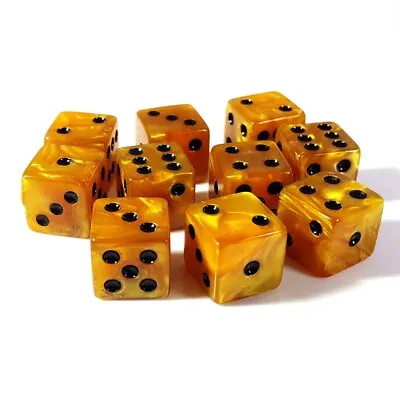 Set Of 10 D6 16mm Six Sided Gaming Dice Marbleized - Gold With Black Pips • $9.99