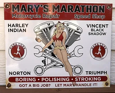 Vintage Mary’s Marathon 15” Motorcycle Repair Porcelain Speed Shop Gas Oil Sign • $169.99