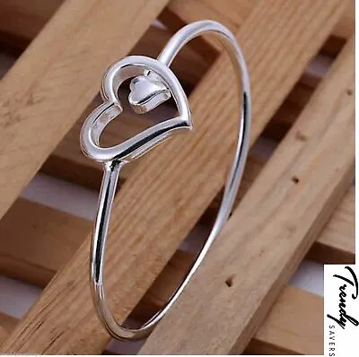 Ladies Women Double Heart 925 Sterling Silver Charm Bangle Cuff Bracelets #14 • £4.99