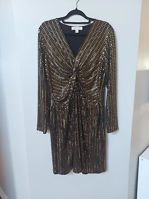 Michael Kors Metallic Gold Long Sleeve Full Sequin Party Body Con Dress Xl • $59.99