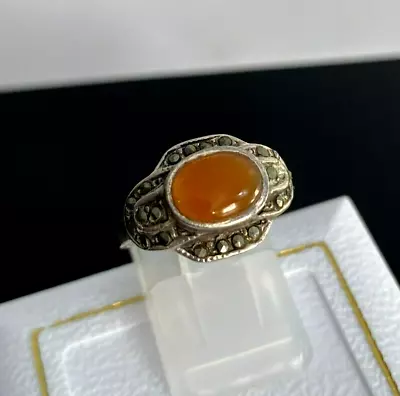 $5.50 • Buy Vintage PT. 925 Sterling Silver - Oval Carnelian Marcasite Ring Sz.7 - 3.3g