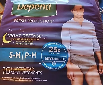 DEPEND Night DEFENSE ADULT INCONTINENCE Underwear For MEN S/M Grey 16Ct • $17