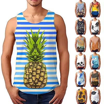 Men's Summer Tank Top Casual Loose Beach Seaside Hawaiian Print Comfort Top Vest • $11.29