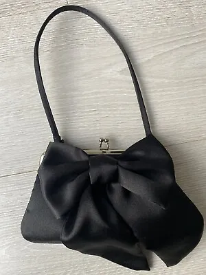 Ladies Small Black Silky Evening Jane Norman Handbag With Bow • £25