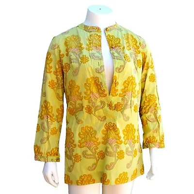 Vintage Top Womens Medium Boho Blouse 60s Yellow Psychedelic Hippie Haight • £16.66