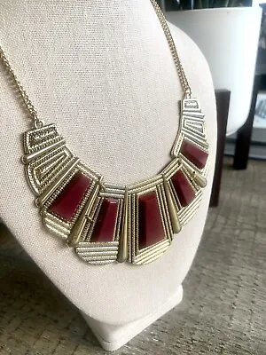 Vintage Bib Necklace Gold Tone Maroon Dark Red Signed GV9 15” + 3” Extender. • $11.99