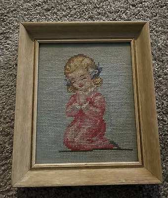Vintage Needlepoint Framed Wall Hanging Girl Praying Needlework Picture Nursery • $18