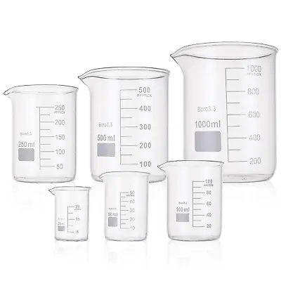 6 Pack Glass Lab Pyrex Beaker Set Measuring Cup 25/50/100/250/500/1000 ML Clear • $19.61