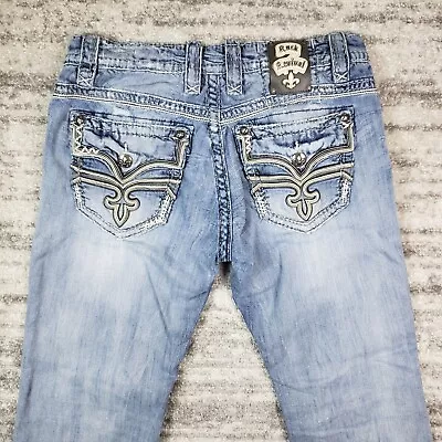 Rock Revival Jeans Mens Eben Bootcut 34 Distressed Ripped Blue Measure 34x30 • $39.95