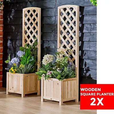 2 Trellis Wooden Planter Garden Plant Flowerpot Lattice Box Patio Set Natural • £12.85