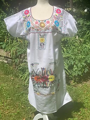 Puebla Dress Mexican Embroidered Flowers Floral Chiapas Large L White N • $32.90