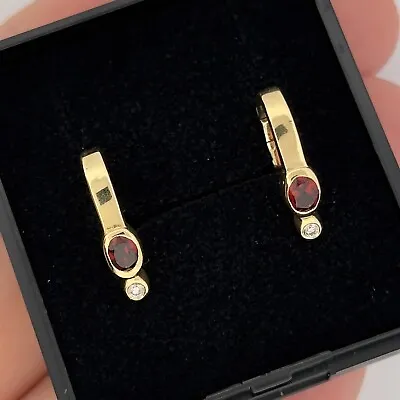 18ct Yellow Gold Garnet & Diamond Huggie Earrings • £475