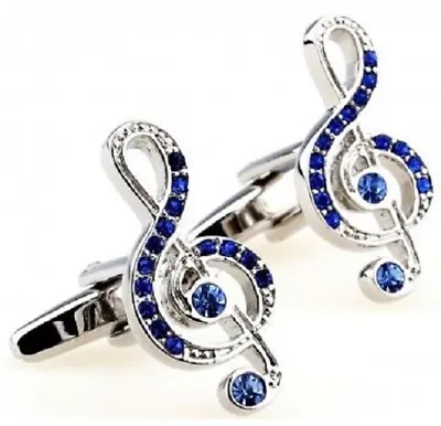 £5.95 • Buy Silver Blue Diamante Music Note Pair Cufflinks Tie Bar Treble Clef Shirt Band