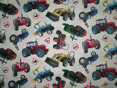 Tractors Farm Vehicles Diggers Equipment Signs Cream Cotton Fabric Fq • $4.25