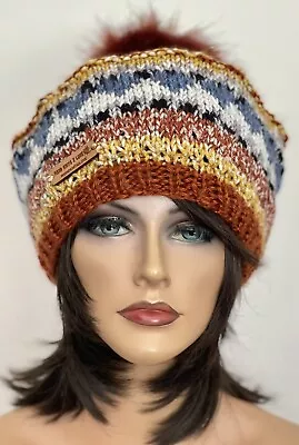 Hand Knits 2 Love Slouch Beanie Hat Beret Fair-isle Faux Fur Pom Pom Designer • $62.10