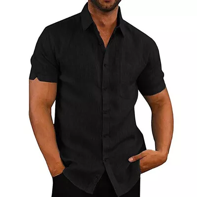 Mens Turn Down Collar V Neck Cotton Linen T-Shirt Summer Short Sleeve Casual Top • $20.09