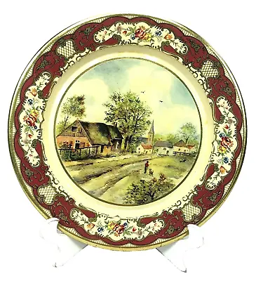 Vintage Daher Decorated Ware 8” Round Tin Tray Holland Man Dog Village Red Gold • $19.97