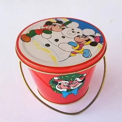 Vintage Disney Mickey Minnie Mouse Christmas Candy Pail Container Tin Lid Handle • $13.40