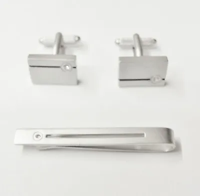 £12.99 • Buy Tie Clip & Cufflinks Set Mat Silver Tone Patterned With A Diamante Insert 