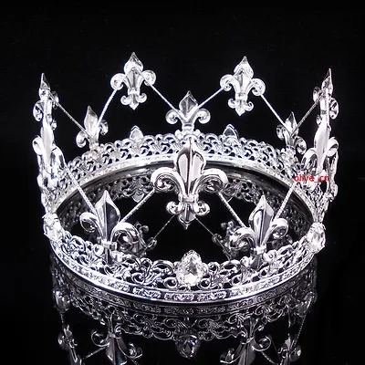 Men's Imperial Medieval Fleur De Lis Silver King Metal Crown 8cm Tall 56.5cm Cir • $27.49