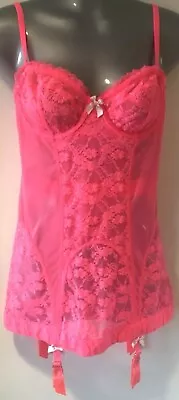 Victoria's Secret Neon Pink Lace Chemise Merry Widow Underwired Suspenders 36B • $37.29