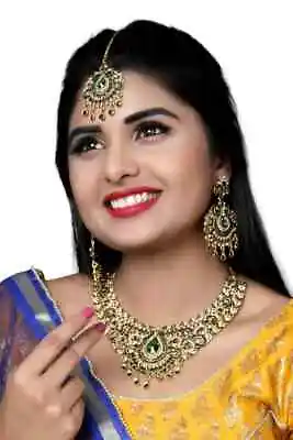 Bollywood Indian Wedding & Bridal Wear Jewelry Gold Tone Rhinestone Necklace Set • $43.99