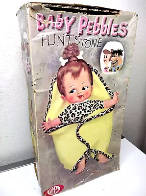 Vintage 1963 IDEAL Flintstone Baby Pebbles Doll Original Dress Blanket & Box • $105