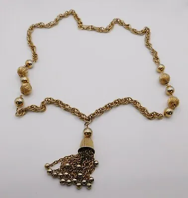 Vintage Coro Necklace Gold Tone Pendant Tassel Beaded Chunky Chain • $12.99