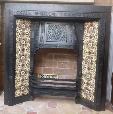 £375 • Buy Victorian Cast Iron Fireplace Insert Plus Minton Style Tiles & Concrete Fireback
