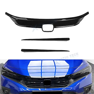 For Honda Civic 11th Gen Glossy Black Front Grille Lip Protector Strip Cover 3X • $48.97