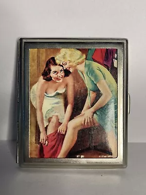 Classic Vintage Modern Chromed Metal Cigarette Case With Picture On Front • $1