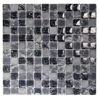 Glass Stone Tile Mosaic Electra Squares Kitchen Bathroom Wall Backsplash Black • $4.40