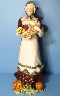 Vintage Pilgrim Woman Thanksgiving Pumpkin Statue Figurine Porcelain 13.5  Tall • $14.50