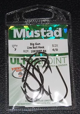 7 Pack Mustad Ultra Point 10829NP-BN-40 Big Gun 2x Live Bait Hooks - Size 4/0 • $6.49