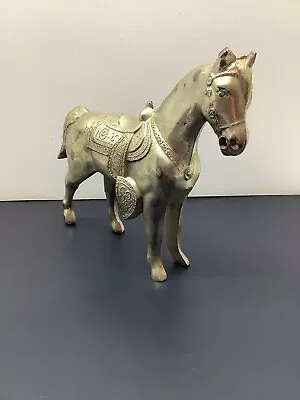 Vintage Metal Aged Patina Horse Statue Figurine W/ Saddle No Reins 8”x12” • $19.99