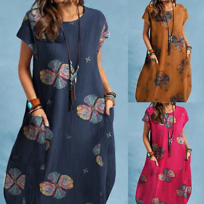 $22.66 • Buy ZANZEA Women Cotton Linen Short Sleeve Floral Printed Oversized Short Mini Dress