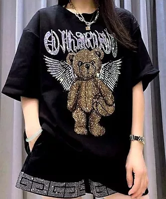 Black Iridescent Diamante Crystals Angel Wings Teddy Bear Oversized T-shirt  • £20